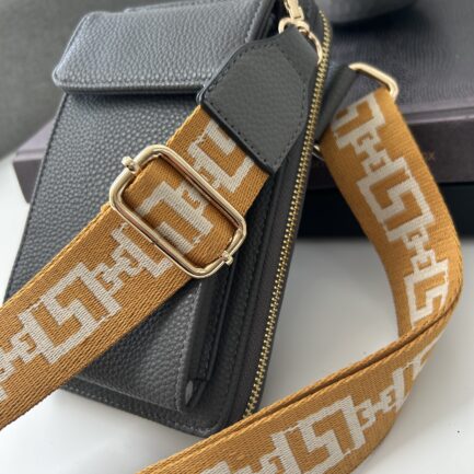 Mustard Athens Bag Strap – Gold Hardware – Grey Vegan Leather Ends