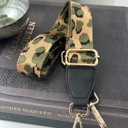 Khaki Gold  Black Leopard Print Bag Strap – Gold Hardware – Black Leather Ends